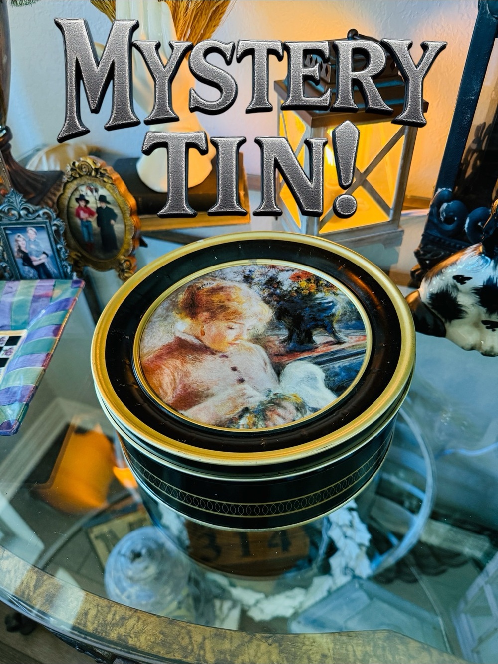 Mystery Vintage Bundle-Renoir Tin-Filled with Vintage Home Decor Items 1800-1970